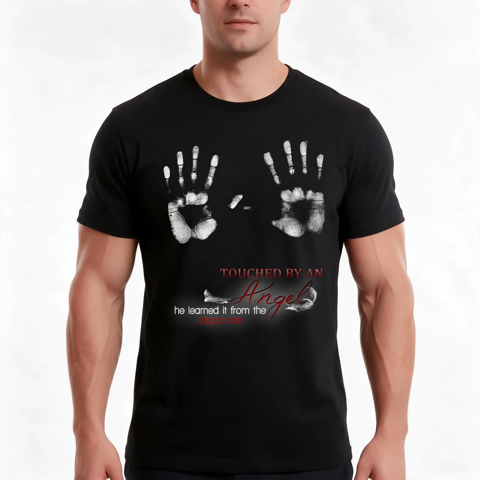 TOUCHED BY AN ANGEL - HE LEARNED IT FROM THE PIZZA MAN Fitted T-Shirt, Summer Casual Cotton Tee, Oversized Streetwear Tops