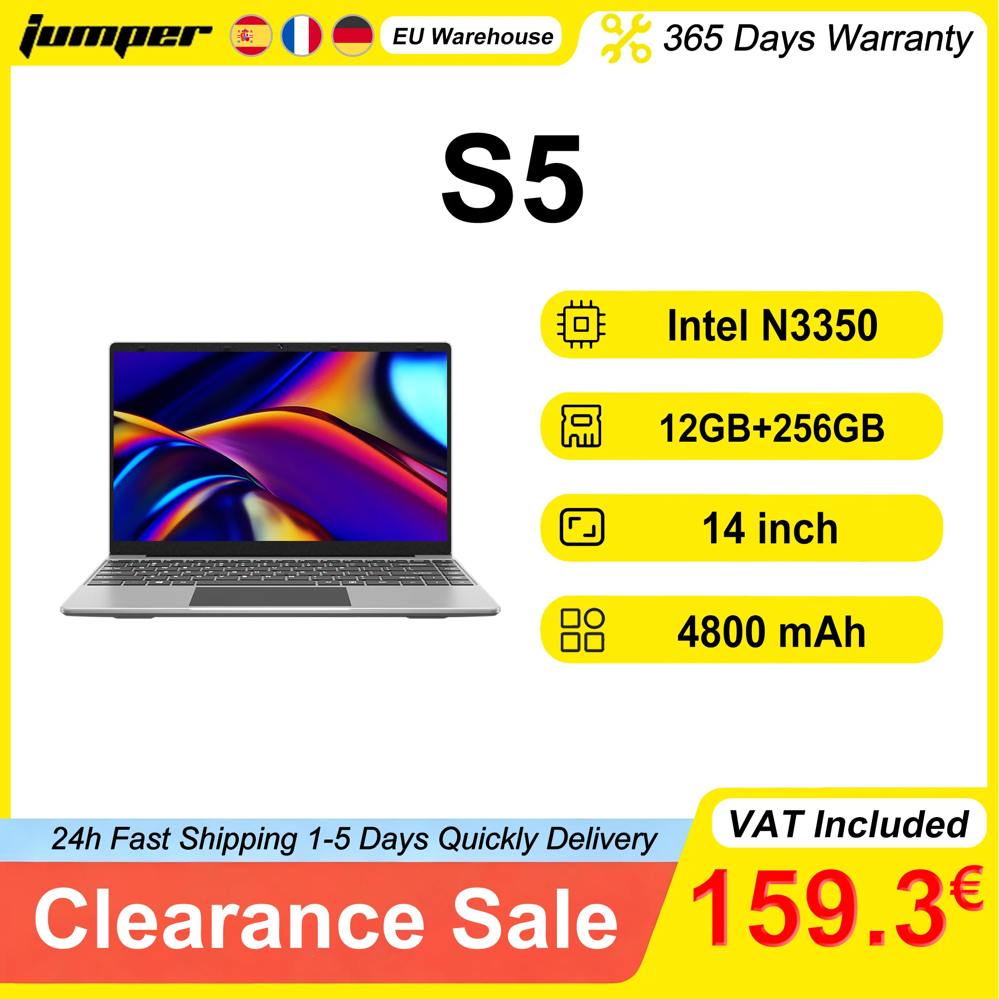 Jumper S5 Laptop 14 inch FHD Intel N3350 12GB RAM 256GB SSD Windows Intel UHD Graphics 4800mAh