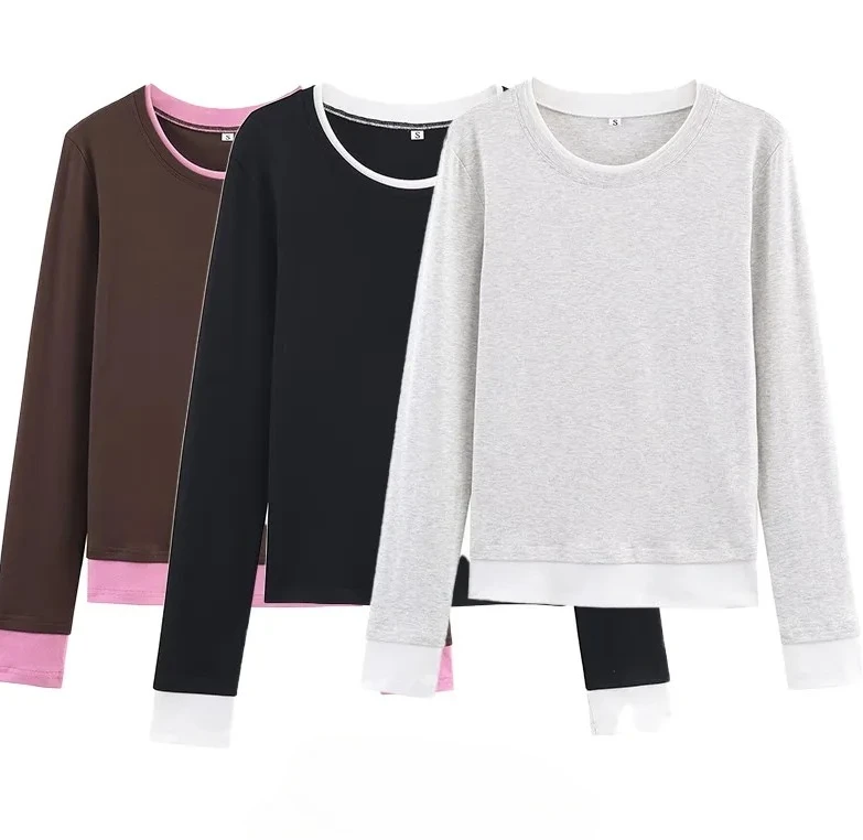 

Осенний новый женский двухслойный цветной блуз, длинный круглый повседневный топ из полиэстера