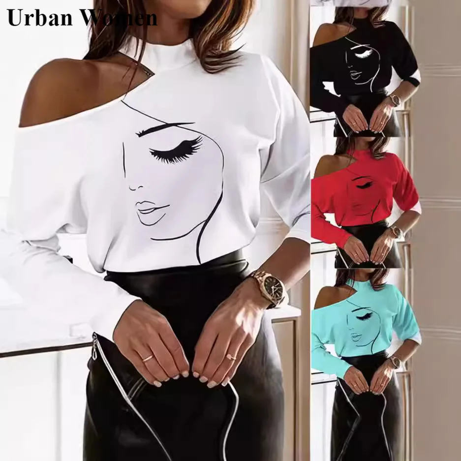 

Autumn Winter Fashion Printed Off Shoulder Pullover Tshirt Women Casual Halter Long Sleeved Hollow Print Tshirt Tops Women