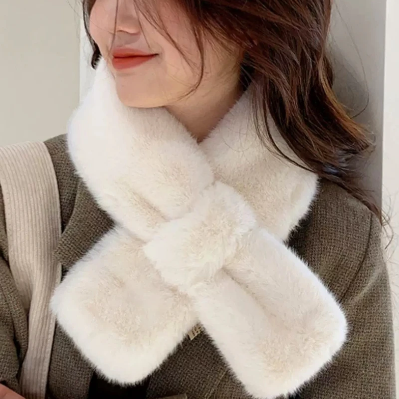 Winter Warm Thicken Scarfs for Women Solid Color Faux Rabbit Fur Plush Cross Collar Scarf Shawl Elegant Warm Soft Neck Scarf