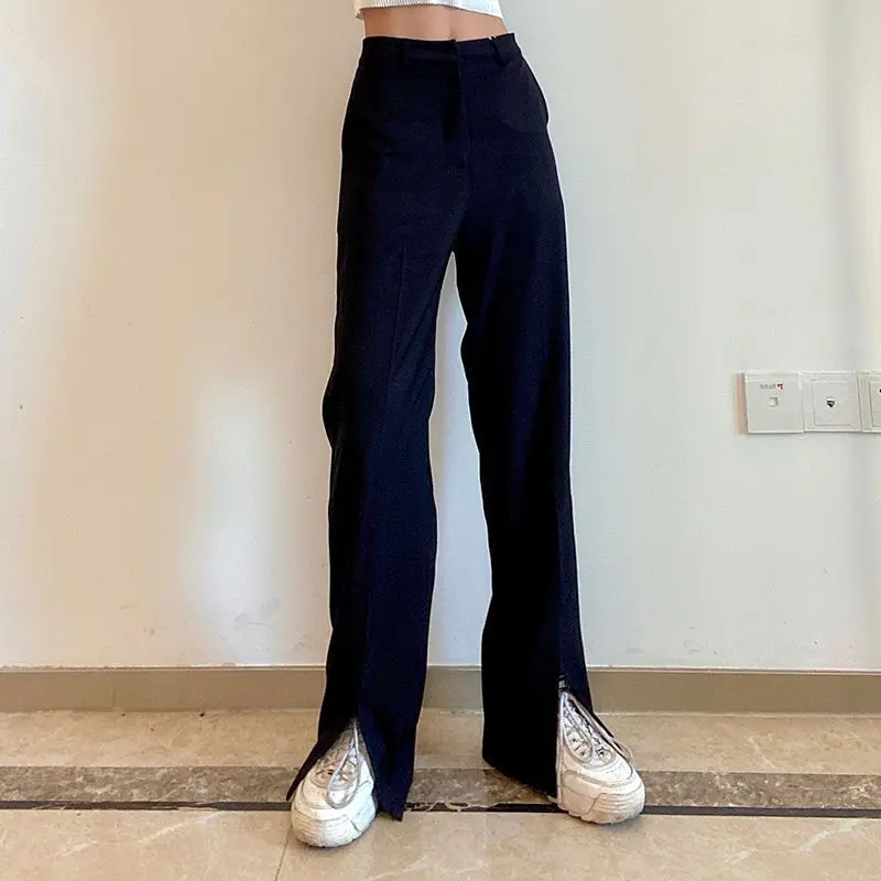 

Slit Trousers High Waist Design Women Fashion Casual Mopping Solid Basic Teens Vintage Popular Minimalist Trousers