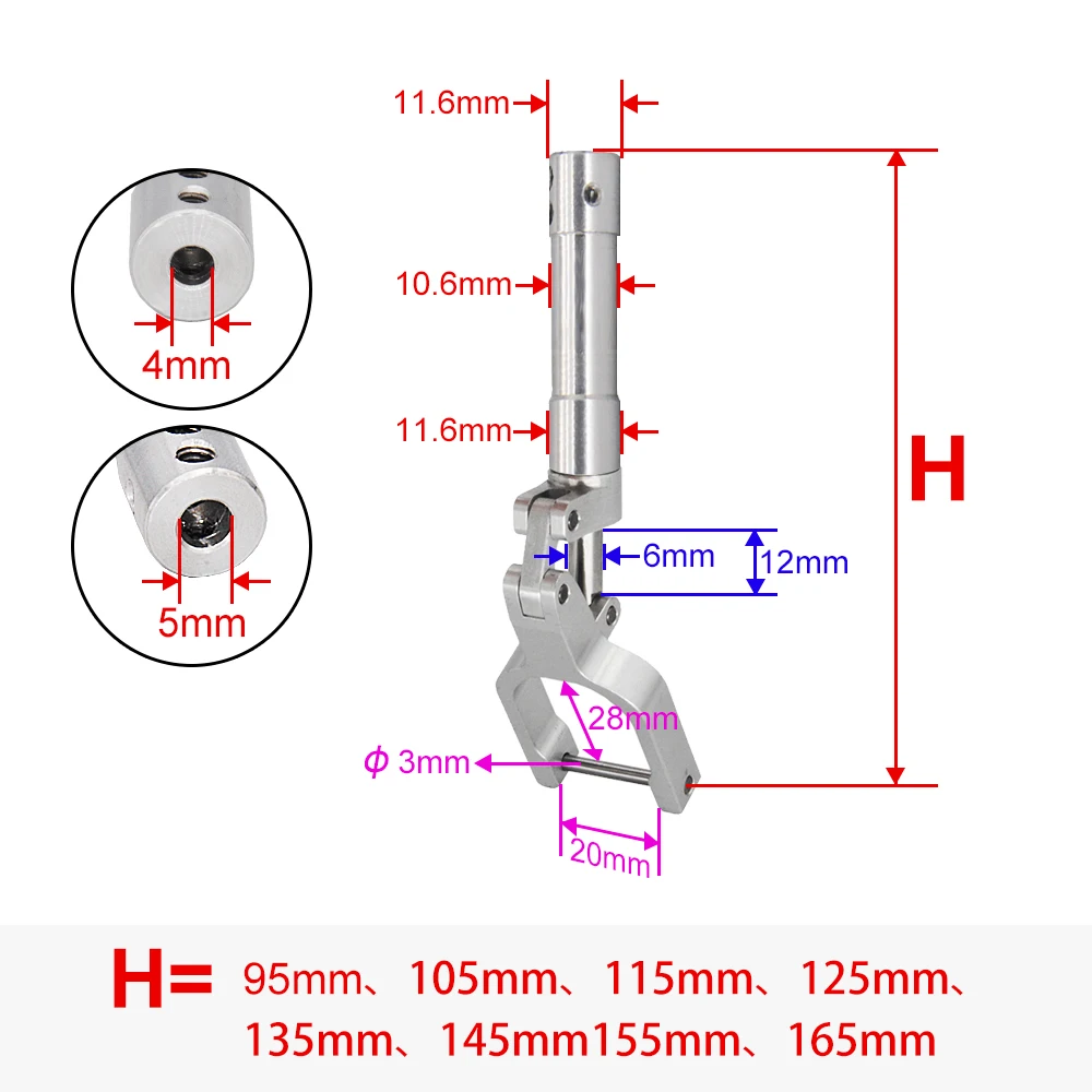 Un trou de 4mm/5mm, amortissement des genoux, train d'atterrissage absorbant les chocs, hauteur 95mm à 165mm, trépied de choc à vis sans fin pour modèle d'avion RC de 2 à 4kg