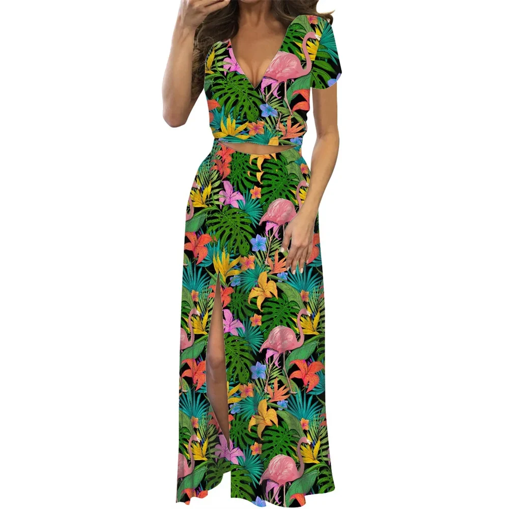 Summer Women V Neck Sexy Beach Party Dress With Split Short Sleeve 2 Pieces Sets Hawaii With Hibiscus Print Bodycon Dress