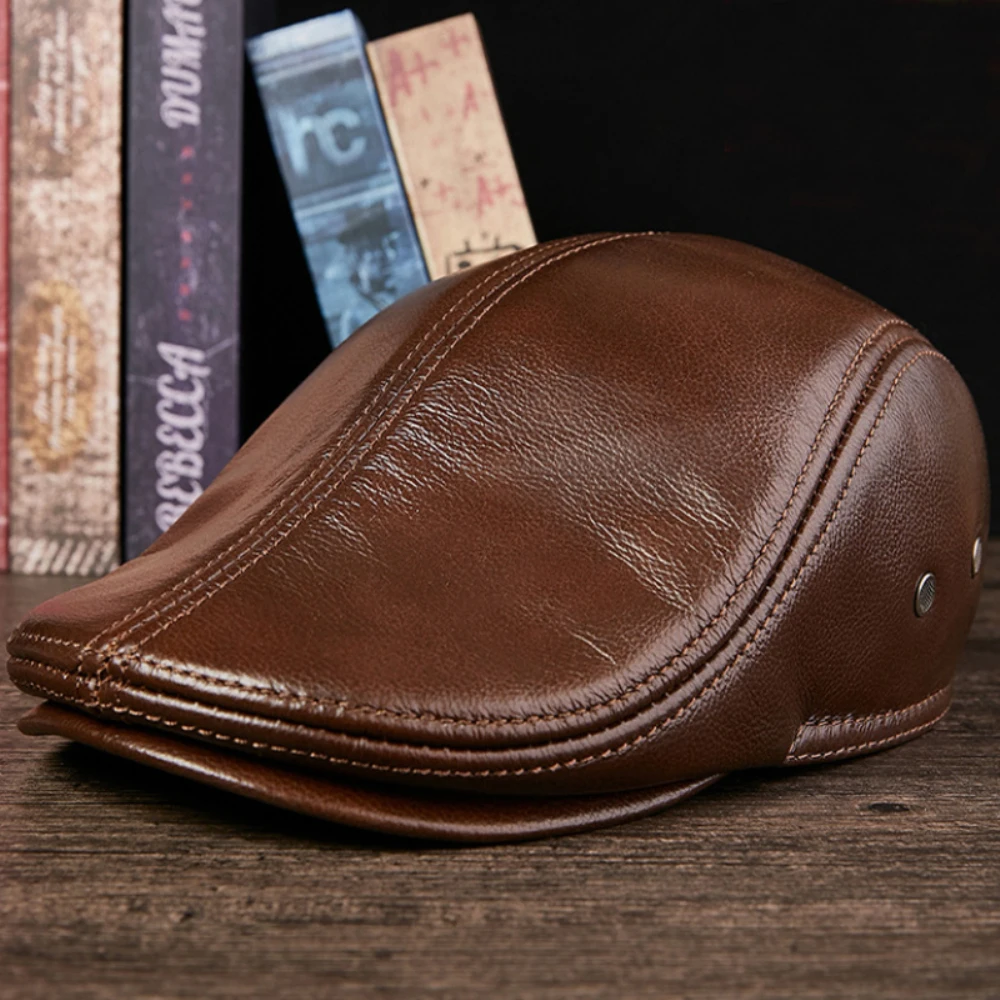 

HT4846 Berets High Quality Genuine Leather Cap Men Women Thick Warm Autumn Winter Ivy Flat Cap Male Plus Size Earflap Beret Cap