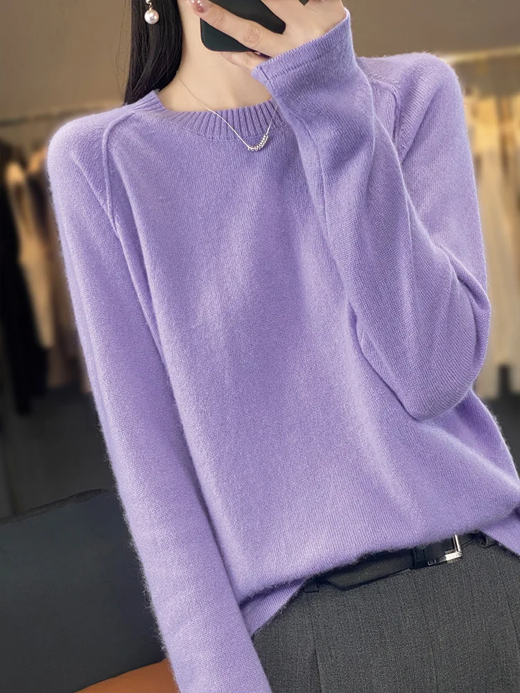 Women Spring Autumn Sweater 100% Merino Wool Pullovers O-neck Long Sleeves Female Casual Cashmere Knitwear Korean Fashion Tops