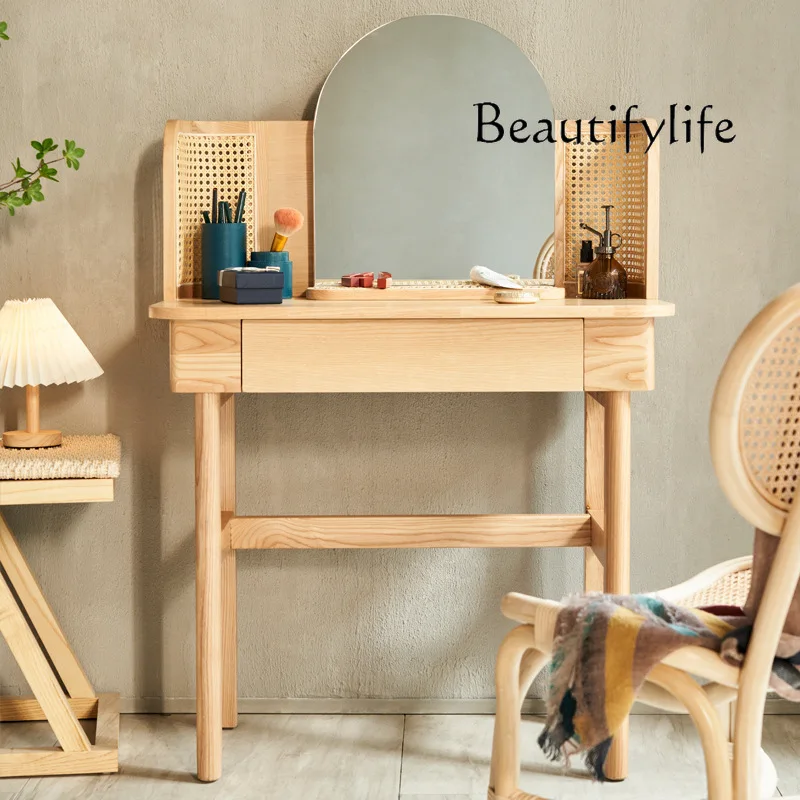 Nordic rattan dresser small apartment household bedroom with mirror dressing table solid wood makeup table and chair combination