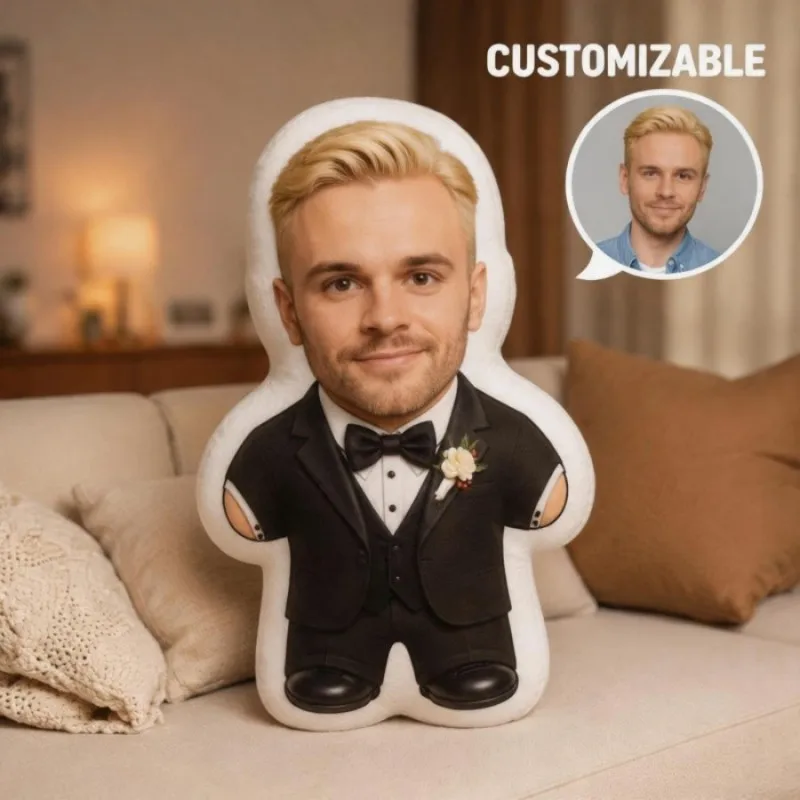 Custom Personalized Photo Groom Shaped Pillow, Black Tuxedo Wedding Outfit Custom Picture Decorative Cushion, Unique Home Decor