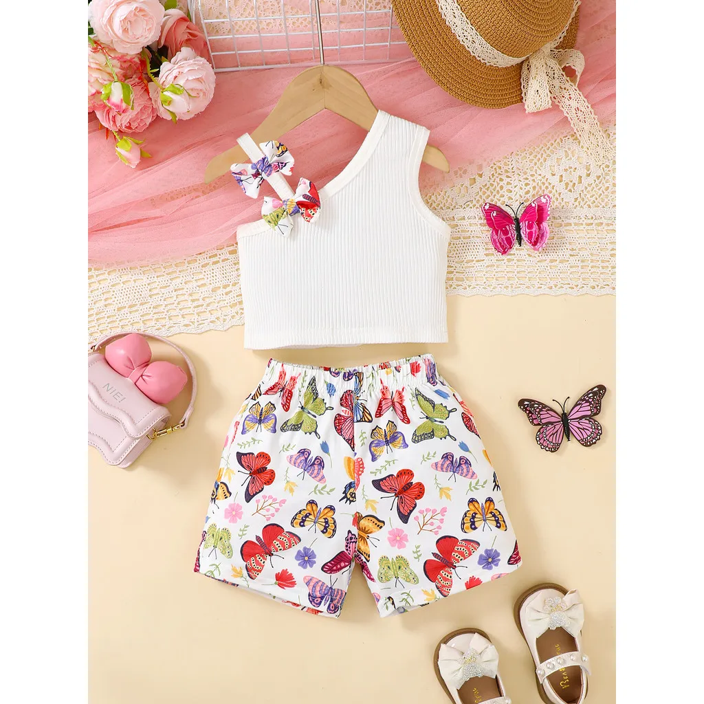 2PCS Toddler Girl Suit Two Bow Trimmed Sloping Shoulder Tops+Butterfly Printed Shorts Summer Fashion Outfits for Baby 0-3 Years