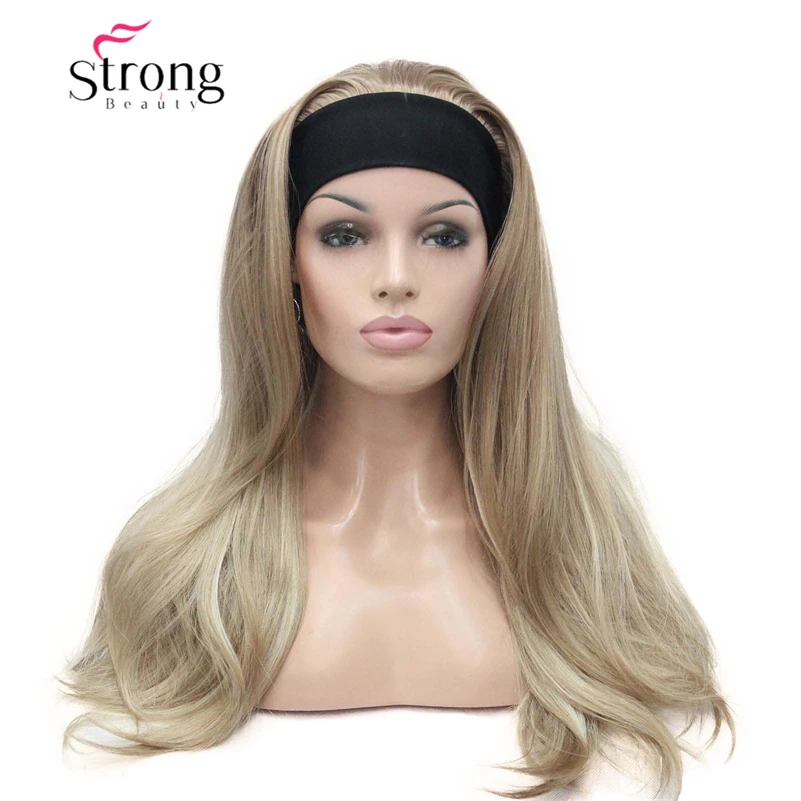 StrongBeauty Long 3/4 women\'s wigs hairpiece Straight with Adjust Black Headband Blonde Highlighted wig Synthetic Hair