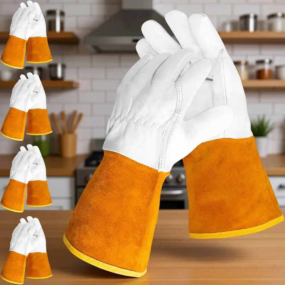 

5 Pairs Cowhide Split Leather Welding Gloves, Heat Resistant for BBQ, Warehouse, Heavy Duty, and Animal Handling