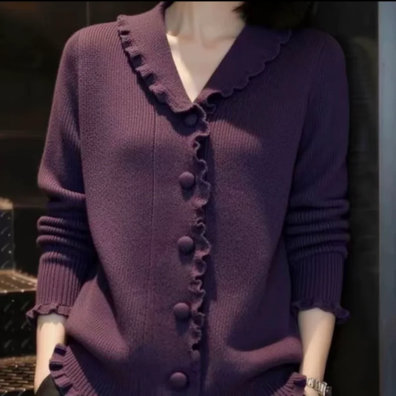 Womens Plus Size Wood Ear Trim V Neck Knit Cardigan Elegant Long Sleeve Sweater Spring Autumn Outerwear