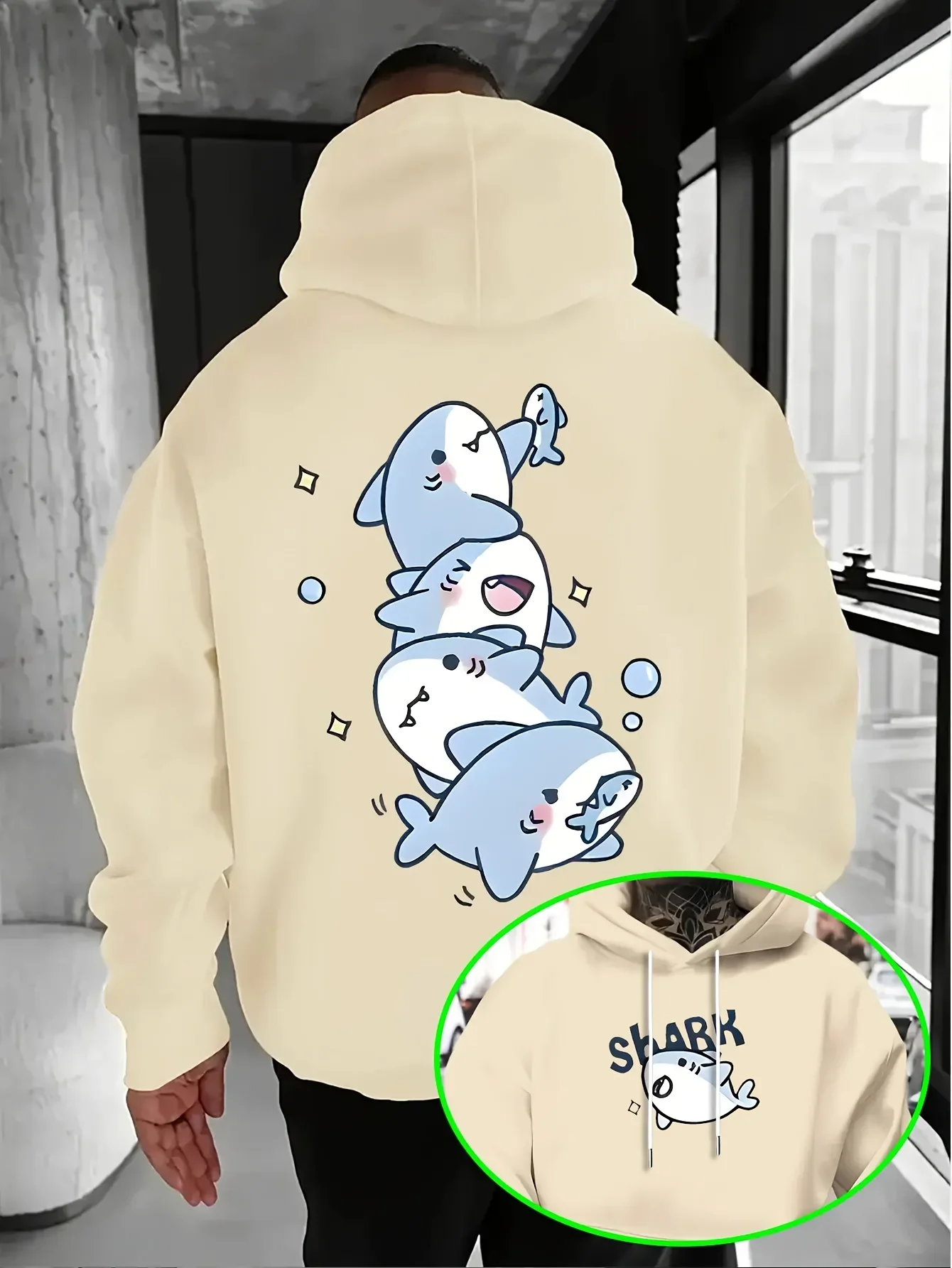 Cute Stacked Shark Graphic Hoodie for Men Women Loose Fit Pullover Sweatshirt Front & Back Cartoon Print Casual Hoodies