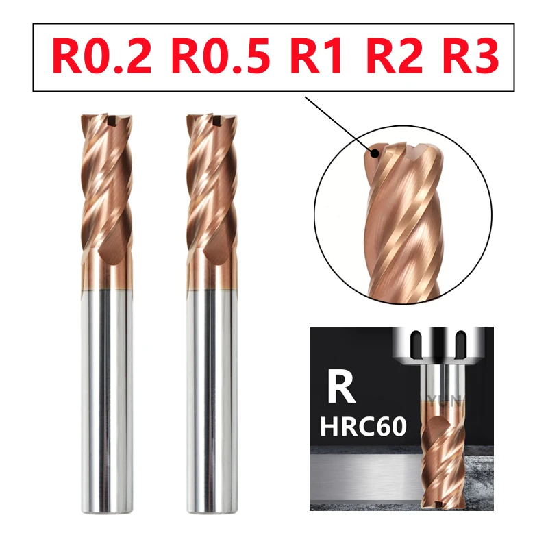 

R0.2 R0.5 R1 R2 R3 Corner Radius End Milling Cutter HRC60 D1.5mm-D12mm 4 Flutes Alloy Coated Tungsten Steel CNC Tool R Bullnose