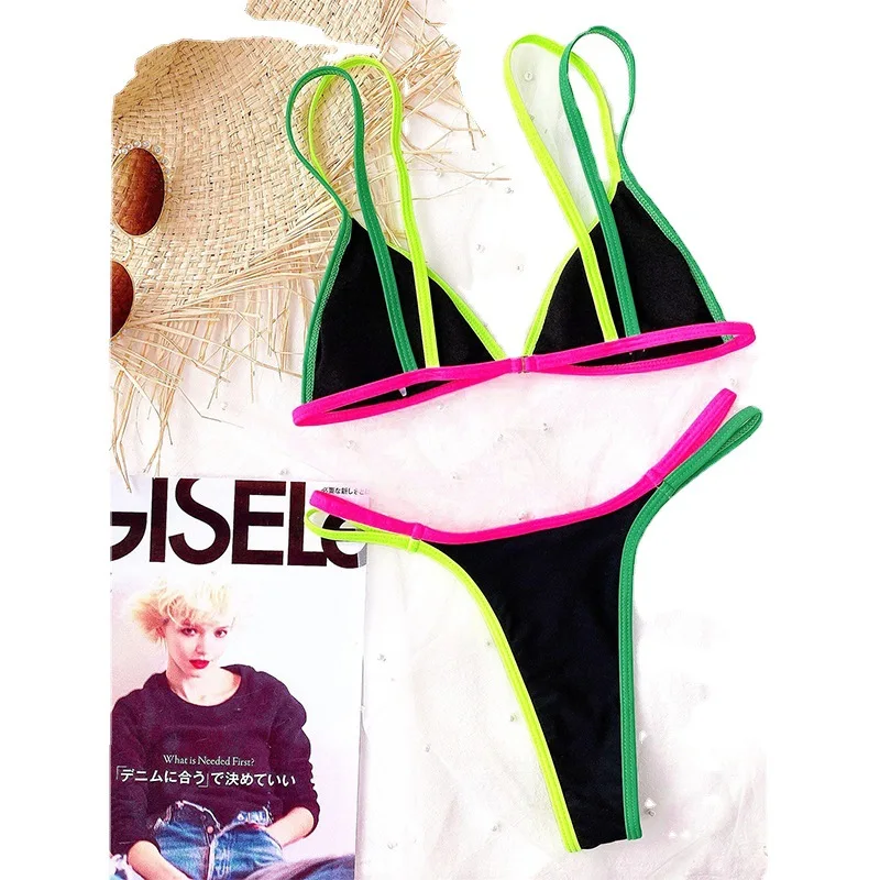 New Women's Two-Piece Bikini Solid Color Drawstring Double Strap Beach Sports In-Stock Swimsuit
