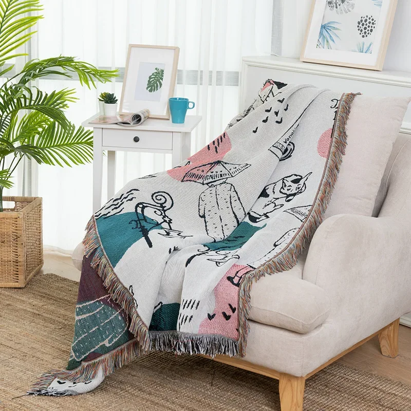 Multi-Function Decorative Cat Pattern Throws for Sofa Bed Armchair Camping Tablecloth Carpet 180x130cm Throw Blanket with Tassel