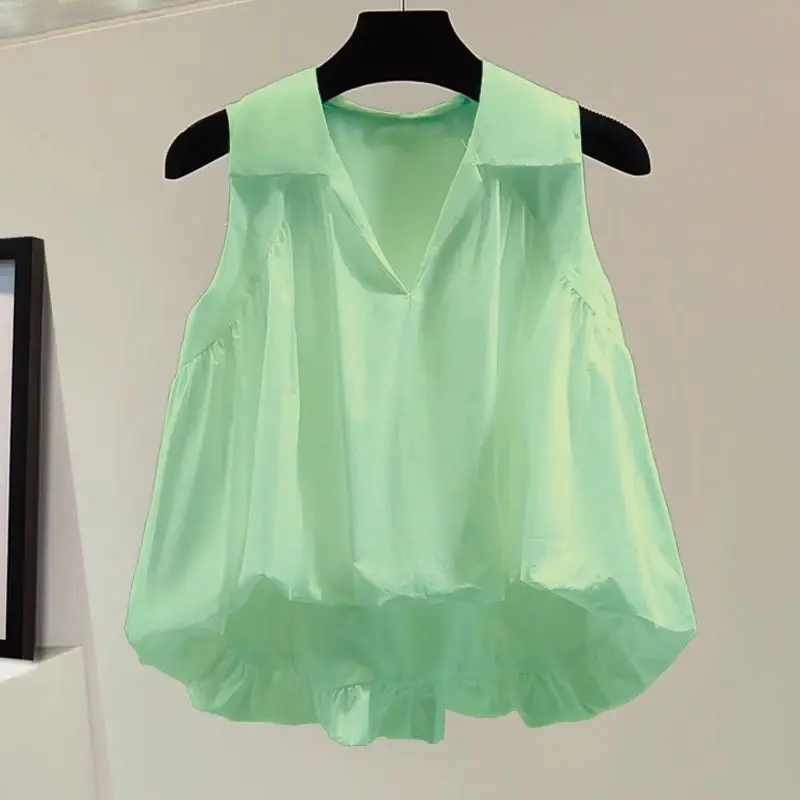 

Women's Loose Short Sleeveless Chiffon Shirt Summer New Fashion Small Top Belly Covering Casual Collar Shirt 2024