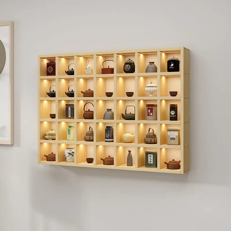 Custom. Solid Wood Customized Brick Tea Cabinet Teapot Display Antique Shelf Storage Rack New Style Lattice Frame Floor