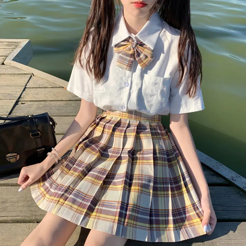 Jk Uniform 4 Piece Set Pleated Skirts Suit Korean Japanese School Uniform High Waist Plaid Skirt Seifuku JK Uniforms for Woman