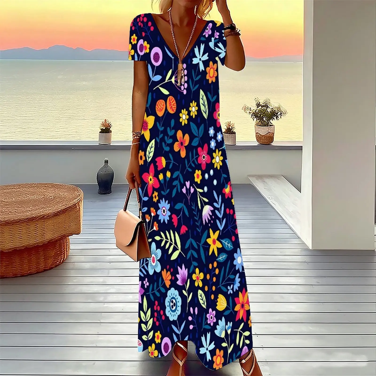Spring summer new women's V-Neck printed short-sleeved dress commuting beach vacation elegant ankle-length skirt