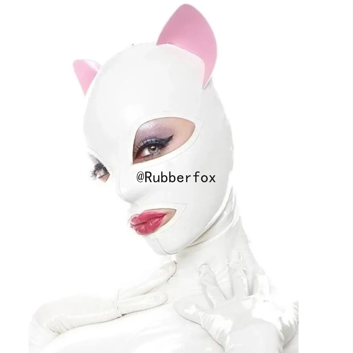 

Customized Rubber Latex Pink Cat Ears Hood Mask White Latex Hood Mask with Back Zipper Party Cosplay Costumes