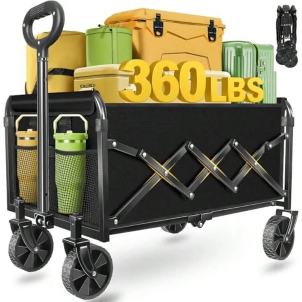 Foldable Wagon Cart with Wheels Collapsible Folding Utility Cart Heavy Duty Portable Garden Wagon for Groceries Shopping Camping Beach Sports Travel Outdoor Gear Storage Moving Transport 150 lbs Capacity Black