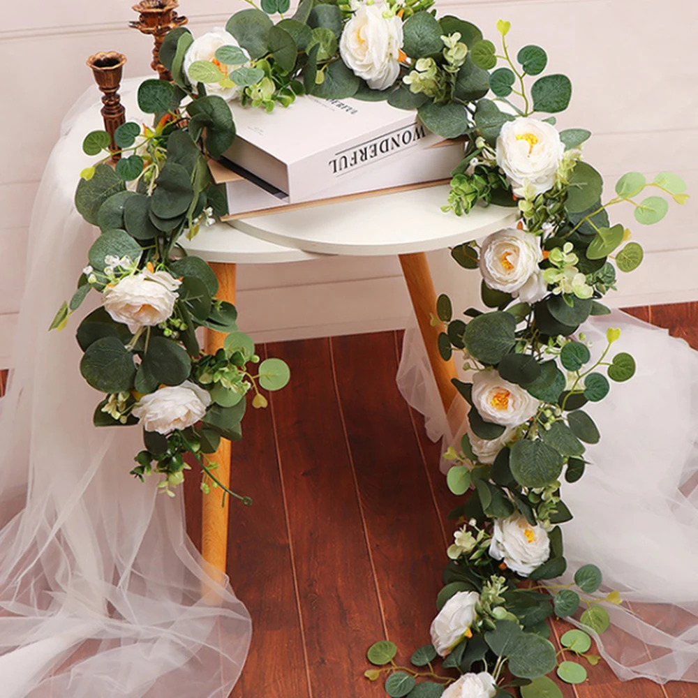 

70.87in Artificial Exquisite Floral Vine Garland With White Rose Lifelike Fake Eucalyptus Leaves Durable Garland Hanging Plants