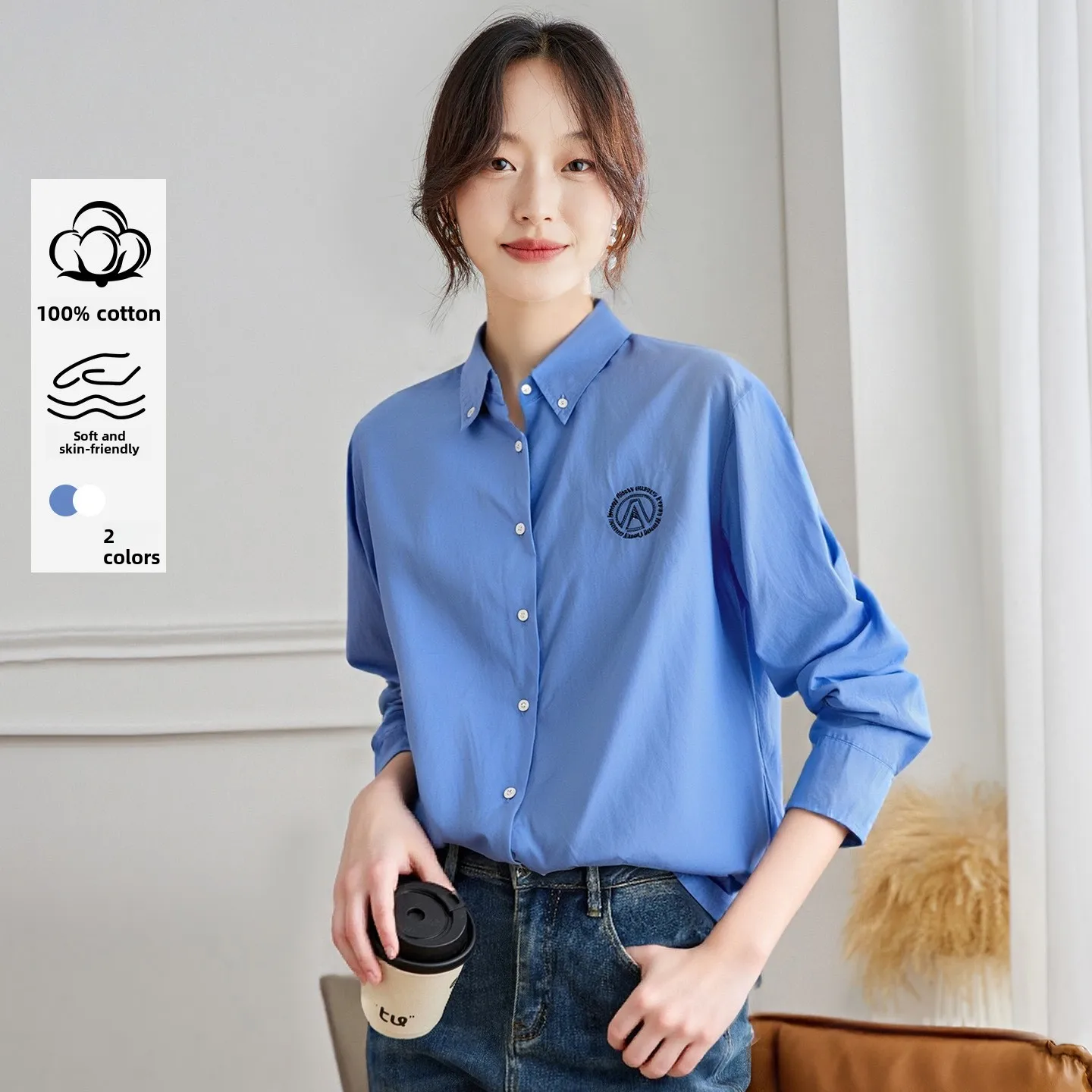 

Blue Cotton irt Women's Long Sve Loose Casual Faionable Top Korean Sle Autumn New Arrival Commute Sle Clothing