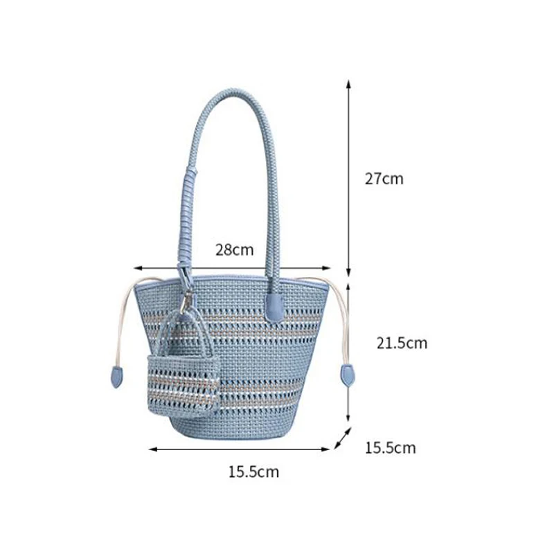 Rattan-Geflecht-Marktkorb-Schultertasche mit passender Geldbörse, handgefertigte gewebte Einkaufstasche für Damen, elegante Tragetasche – Detail 1