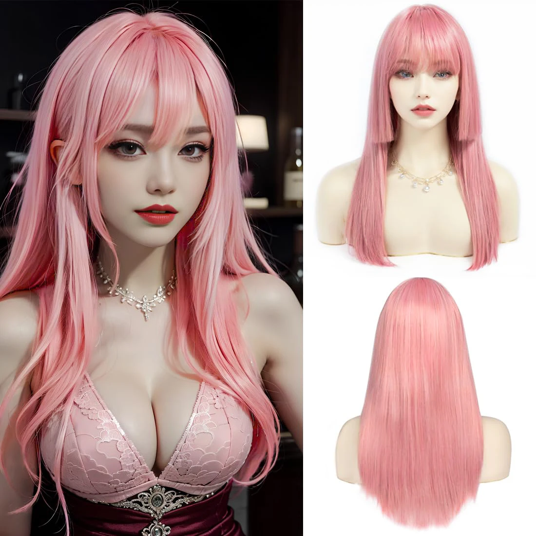 Perucas sintéticas retas longas com franja para mulheres, peruca rosa para cosplay, fibra resistente ao calor, 20"