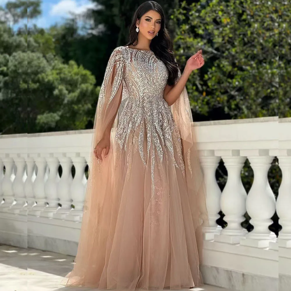 Exquisite Sequined O-Neck Evening Dresses Cap Long Sleeve Floor Length Draped Gowns Formal Occasion Celebrity Prom Dress Vestido