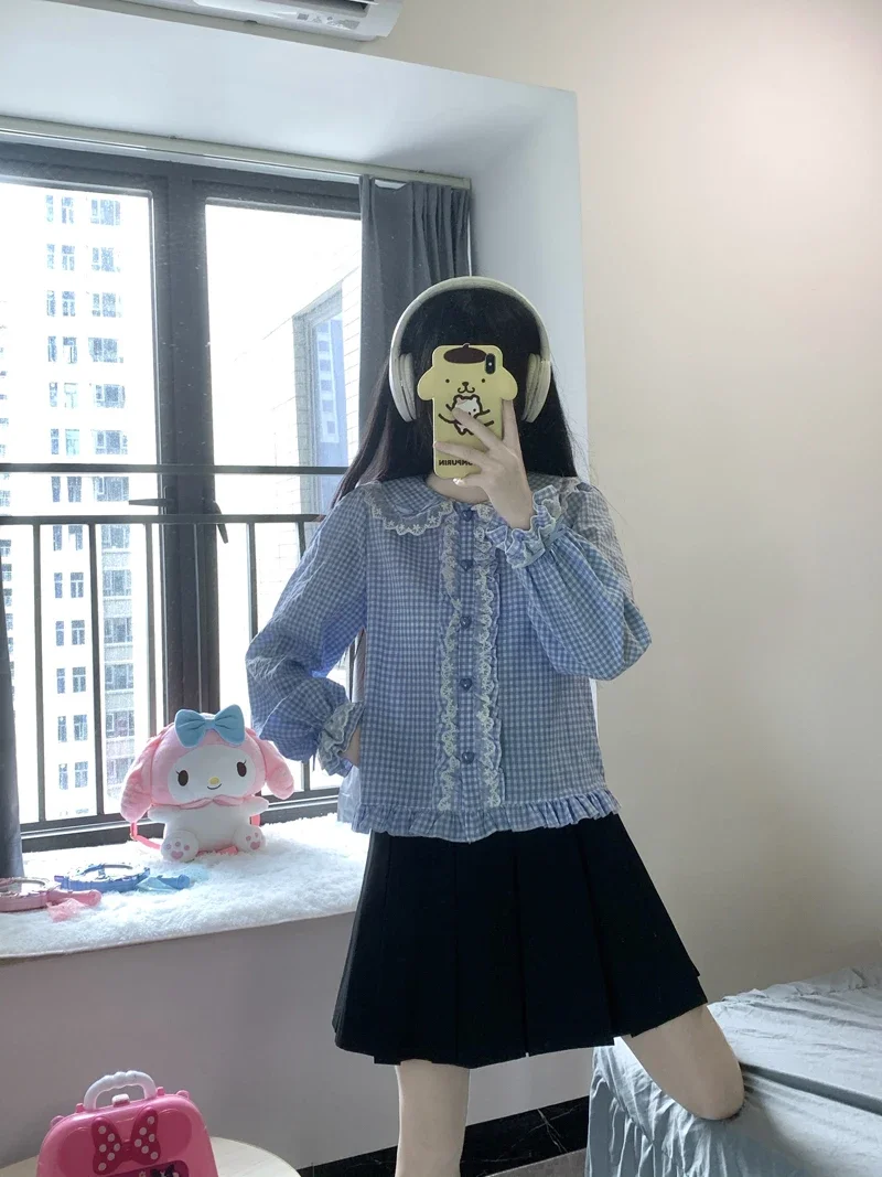 KOSAHIKI Sweet Lolita Blouses Gothic Women Kawaii Bow Lace Ruffles Long Sleeve Plaid JK Shirts Harajuku Y2K Cute Blusas Mujer