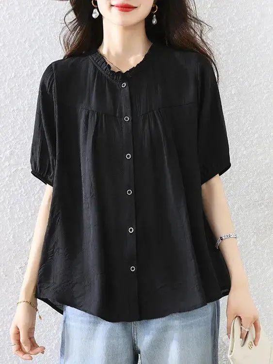 

Black Round-neck Ruffle Short-sleeve Blouse for Women New Summer Fashionable Age-reducing Loose and Slimming Casual Tops
