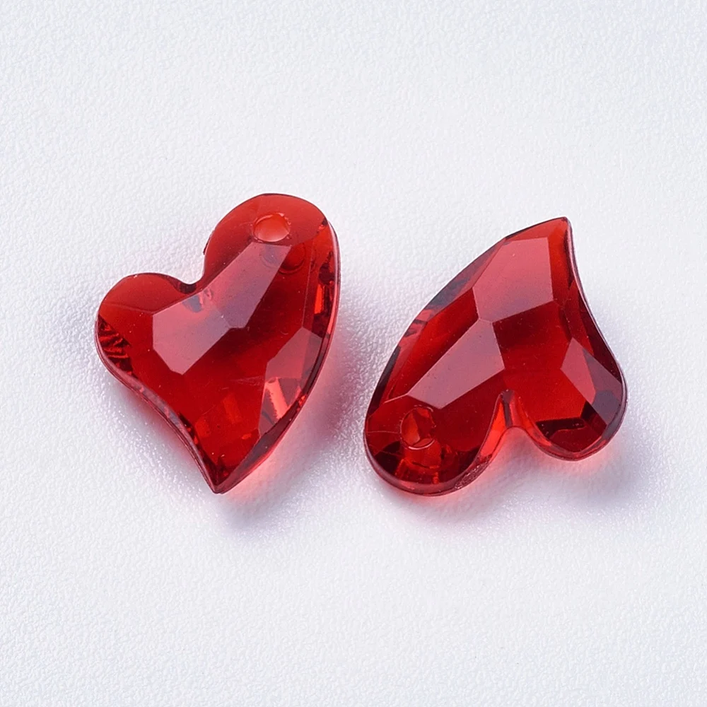 100pc Transparent Acrylic Charms Faceted Heart Dark Red 11x9x4mm Hole: 0.5mm