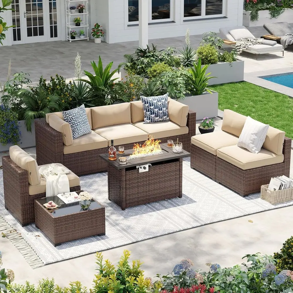 

8-Piece Outdoor Patio Furniture Set with 44'' Propane Gas Fire Table, Wicker Sectional Sofa for Backyard, Poolside, Garden (Blac