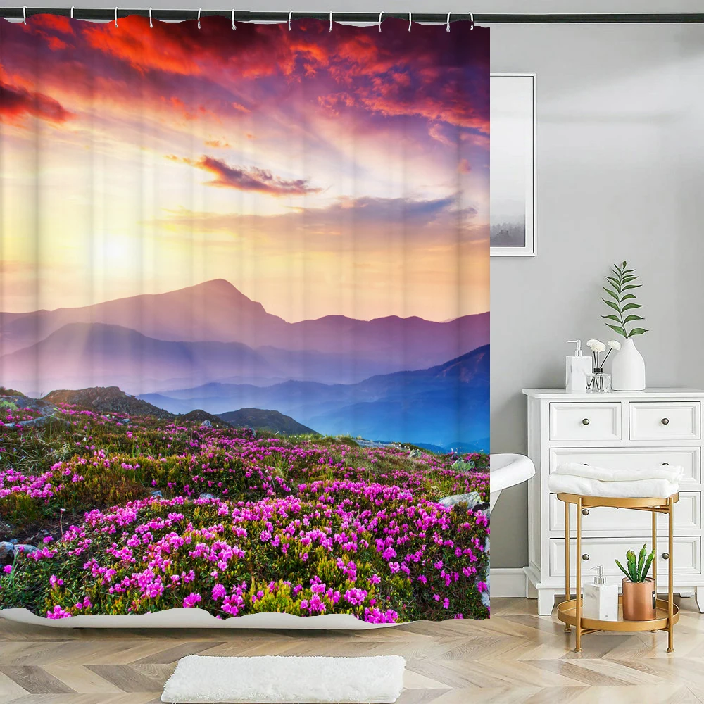 Natural landscape Bath Curtain Floral lavender Scenery at Sunset Waterproof Shower Curtains Bathroom Decorative with Hooks