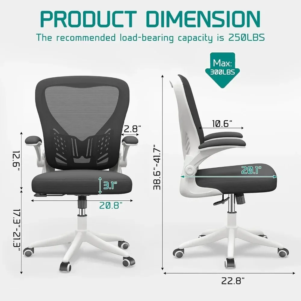 Computer Desk Chair, Mesh Office Chair with Wheels, Ergonomic Desk Chair Comfy Wide Seat and Flip-Up Arms