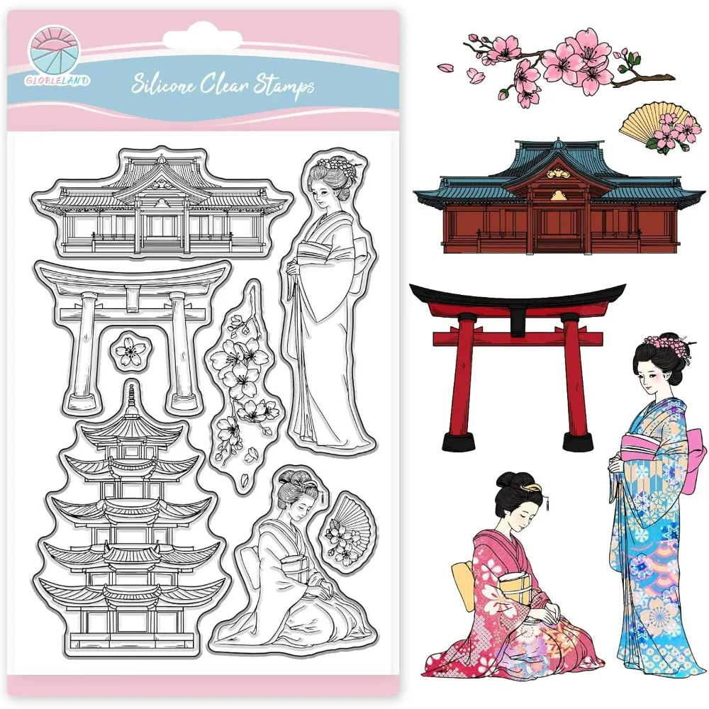 Transparente Stempel mit orientalischer Architektur für Scrapbooking, Kimono-Frau, Silikonstempel, Torii-Kirschblüten-Stempel für Karten