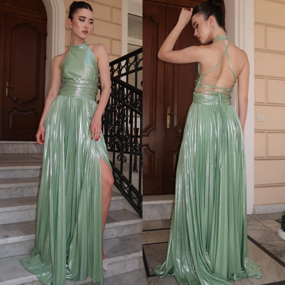 

Customized Elegant Satin Halter Evening Dress Classic A-Line Prom Dresses Temperament Open Back Special Occasion Gowns