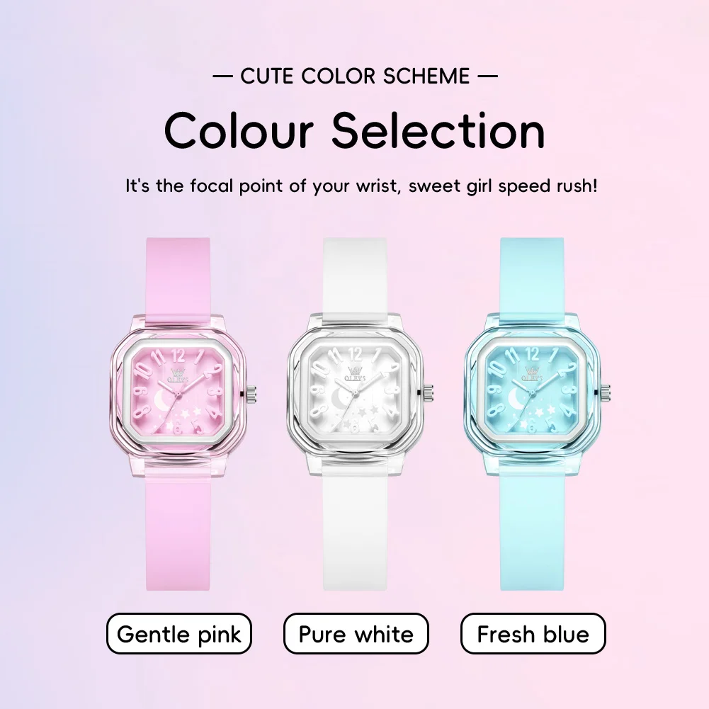 OLEVS Kids' Watches Pink Simple and Fun Original Quartz Watch for Student Transparent Case Silicone Strap Waterproof Luminous