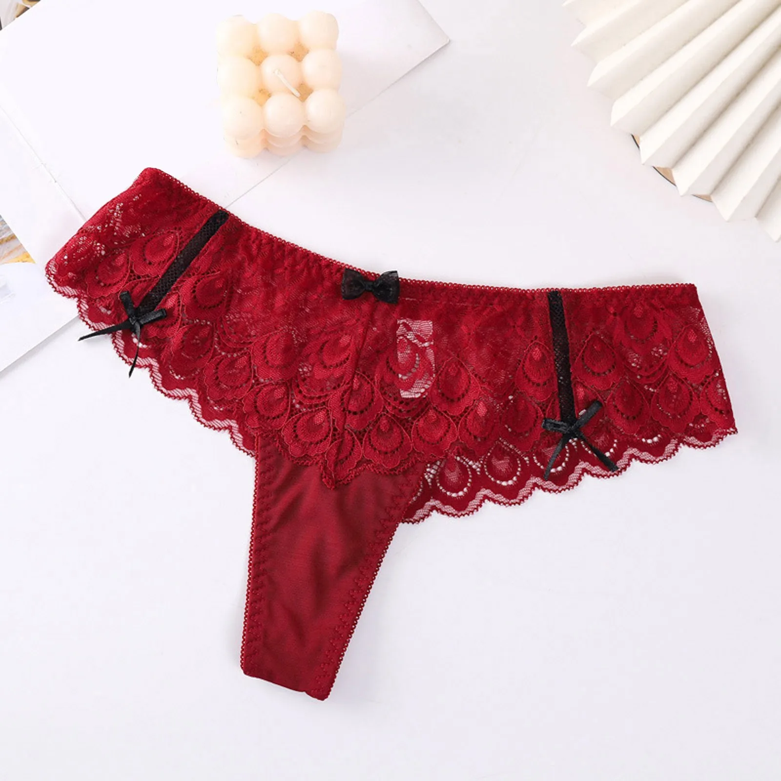 Women\'s Fashion Sexy Panties T Pants Lace Trim Bow Transparent Hollow Thong Panties plus Size Thongs