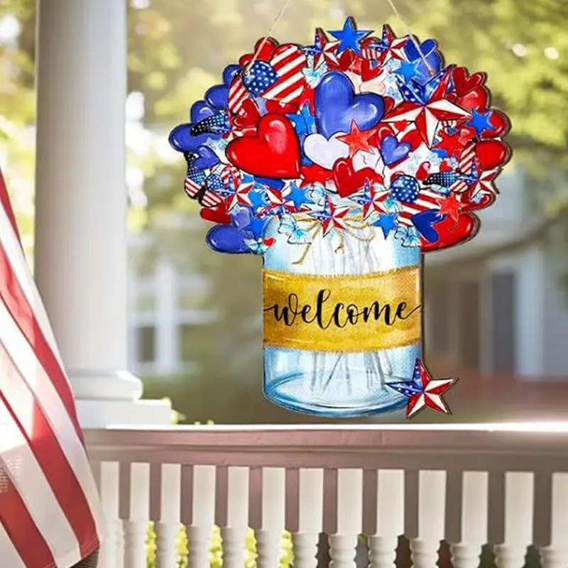 4th Of July Door Sign Farmhouse Patriotic Door Hanger For Front Door 4th Of July Wooden Welcome Door Sign For Independence Day