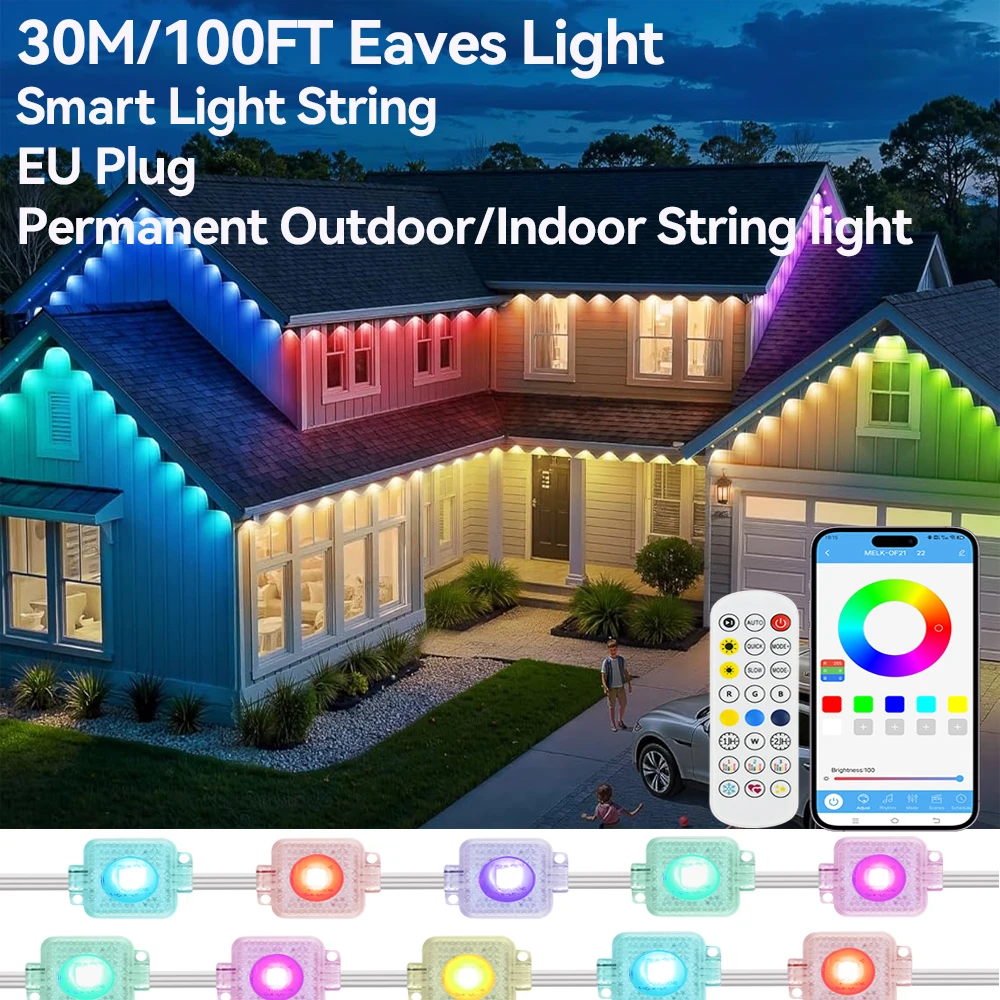 

100FT/30M Permanent Light 60LEDs Eaves RGB Light String Bluetooth Outdoor Light Music Timer IP65 Waterproof Party Holiday Decor