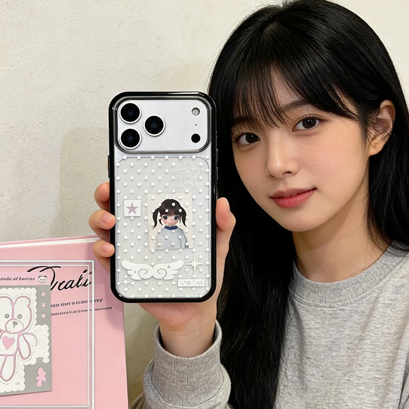 Ins Korean Girl Polka Dots Wing Stars Phone Case For iPhone 17 16 15 14 13 12 11 Pro Max 14 15 16 17Air 7 8 Plus Sweet Y2K Cover