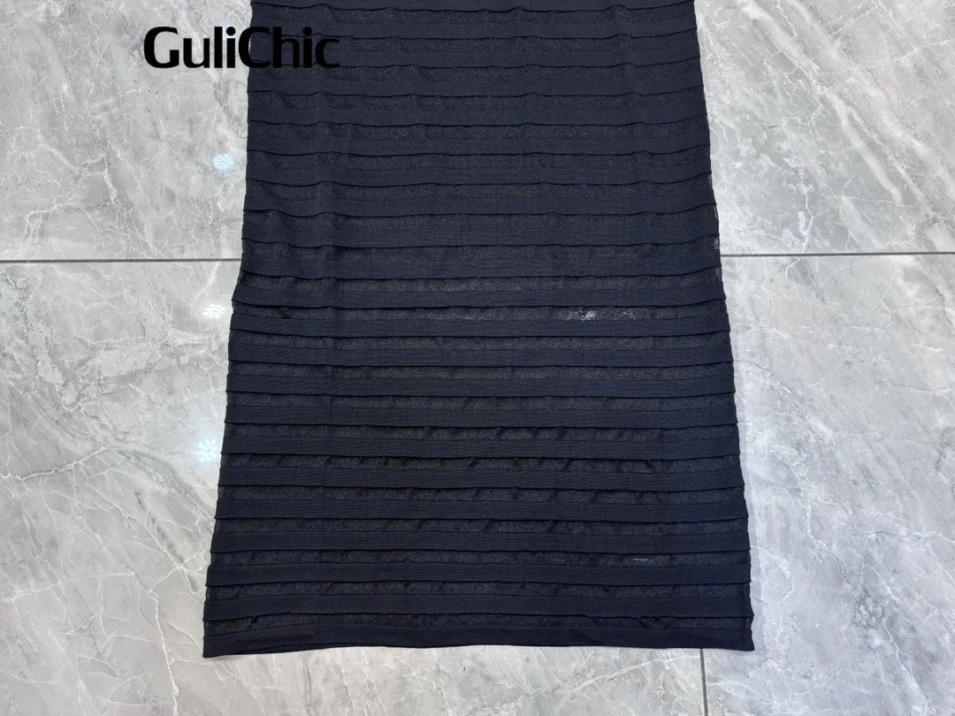 7.12 GuliChic Women Elegant Temperament Stand Collar Knit Dress Fashion Sexy Sheer Striped Hollow Out Backless Design Slim Dress