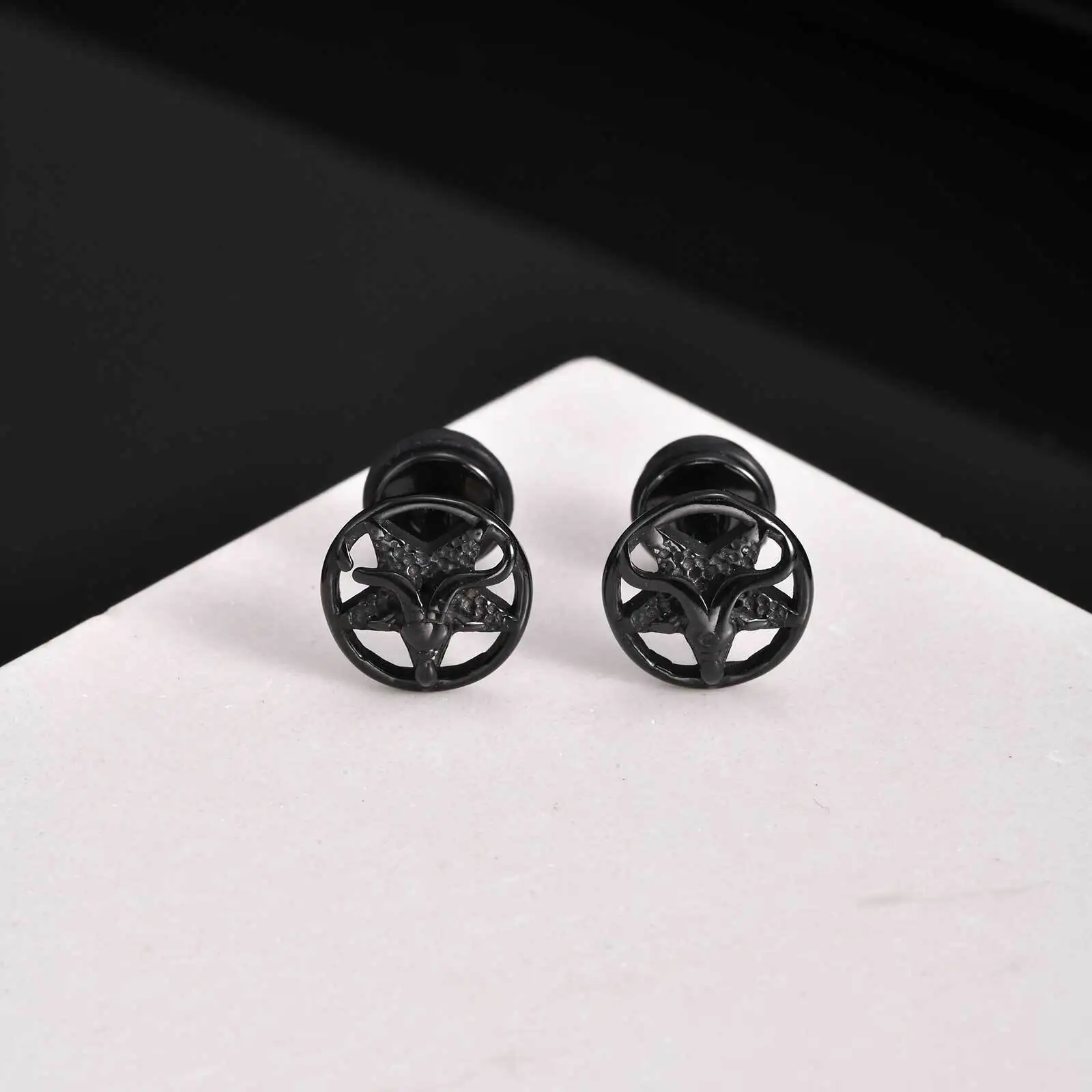 Sheep Head Pentagram Stud Earring for Men Boys,Stainless Steel Black Round Earrings,Punk Jewelry Gift