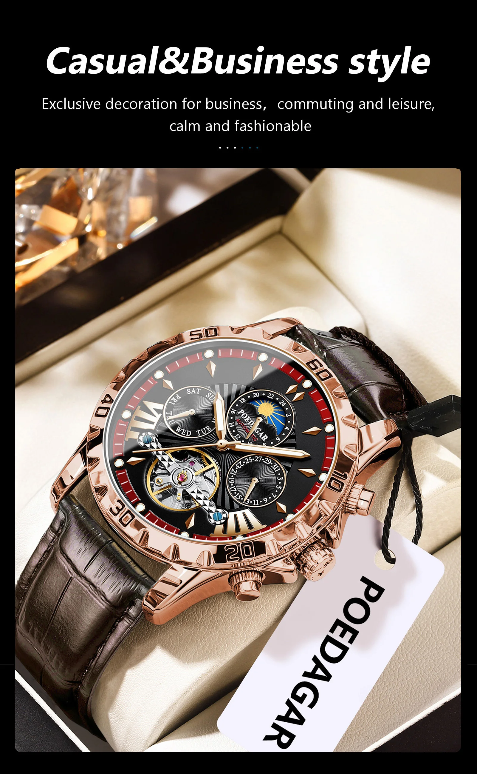 POEDAGAR Luxury Automatic Mechanical Men Watch Hollow Tourbillon Waterproof Luminous Male Clock Week Date Business Men's Watches