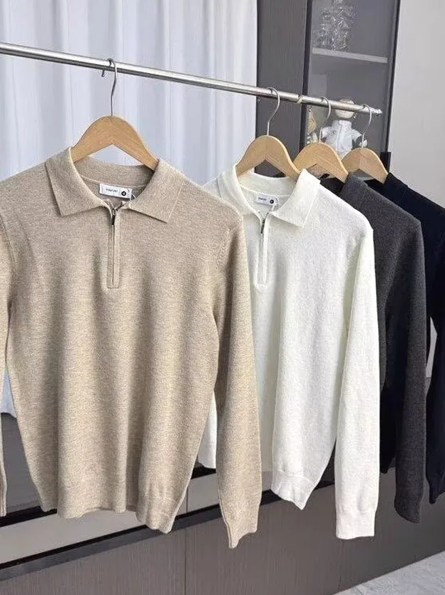 

European Sle Knitted Core-Spun Yarn irt Men's f Zipper Collar Wool Tead Sweatirt Casual Workwear Trendy