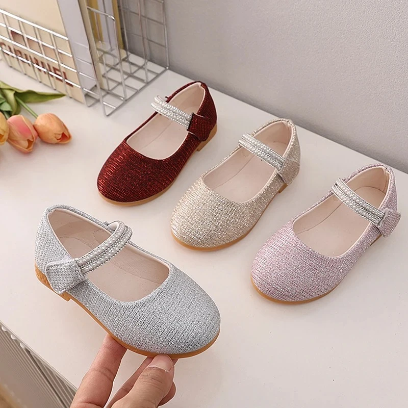 Bling Gold Silver Purl Embroidery Ballerina Shoes Baby Girls Round Toe Pearl Strap Mary Janes Kids Luxury Glitter Party Zapatos
