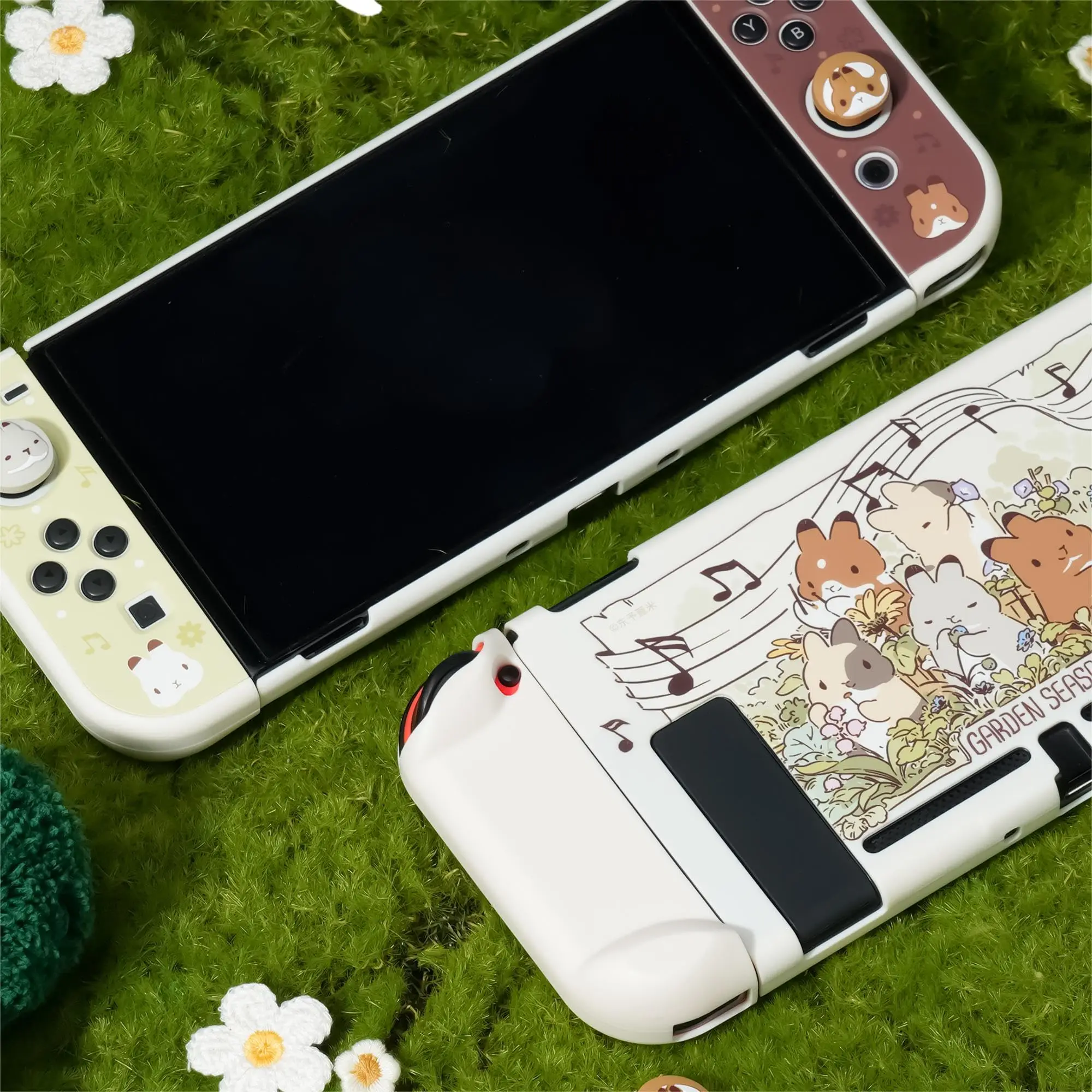 Geekshareバニーテーマシリコン保護ケース、親指グリップキャップ、Nintendo Switchと互換性があり、スイッチ付き、ガーデンシーズン、4個